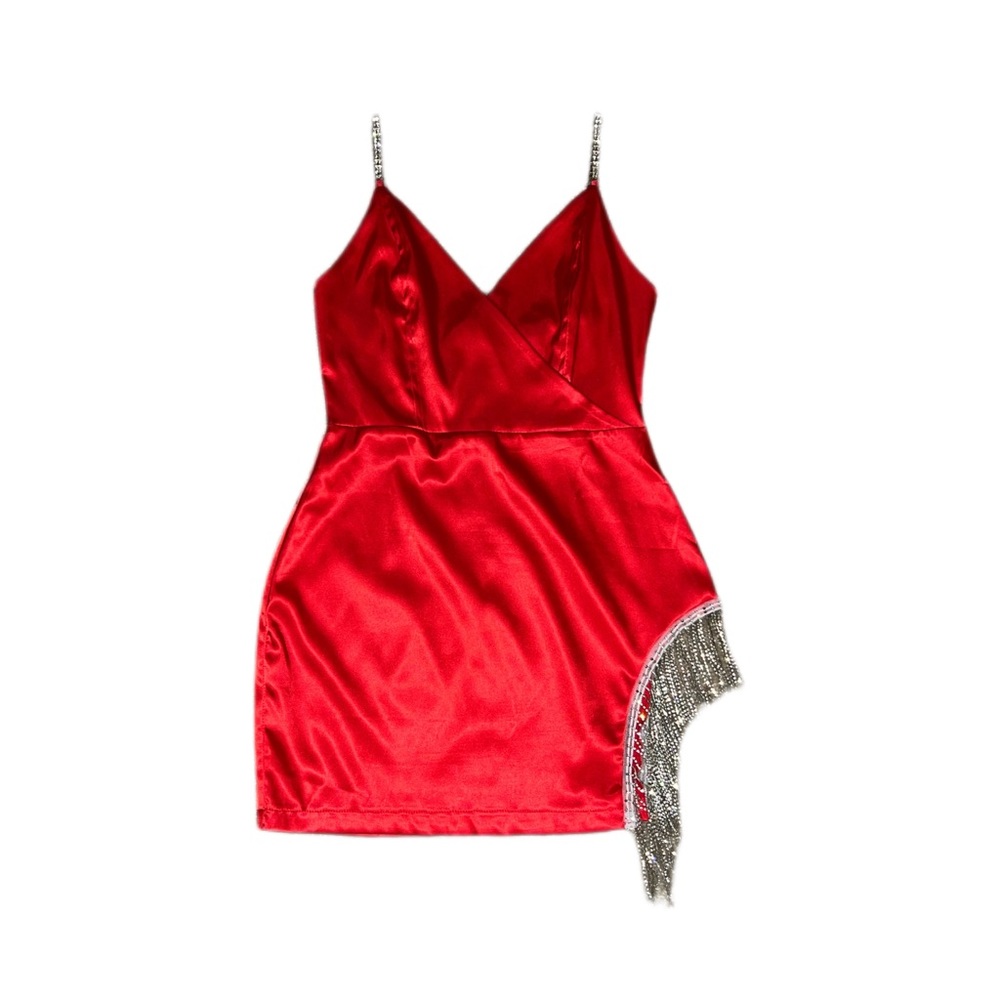 Red Silk Diamond Tassel Spaghetti Strap bodycon Mini Dress V Neck